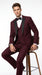 Men’s Burgundy Vested Wedding Tuxedo, One Button Jacket with Black Peak Lapel and Matching Pants