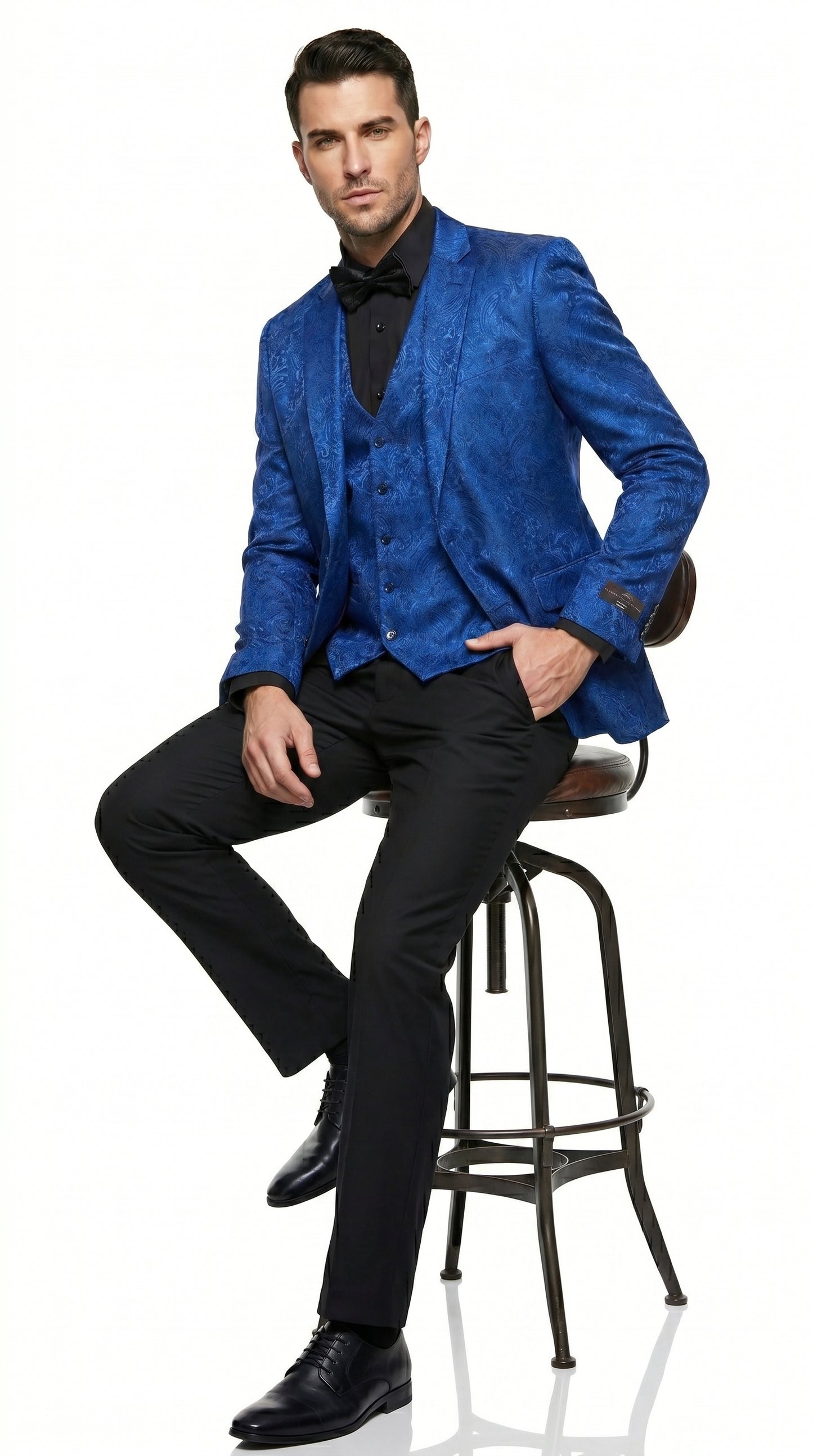 Men’s Royal Blue Indigo Paisley Prom Tuxedo Suit with Floral Jacket, Vest and Pants