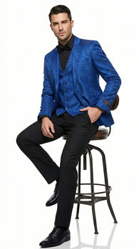Men’s Royal Blue Indigo Paisley Prom Tuxedo Suit with Floral Jacket, Vest and Pants
