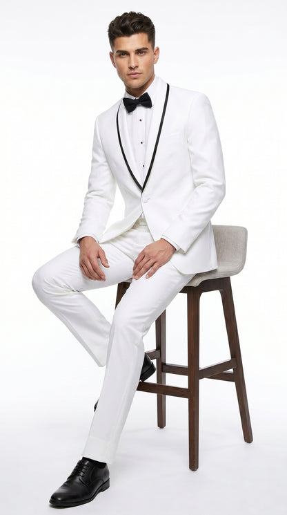 Men’s Waverly White 1 Button Shawl Tuxedo Jacket with Black Trim, Ike Evening Formal Blazer