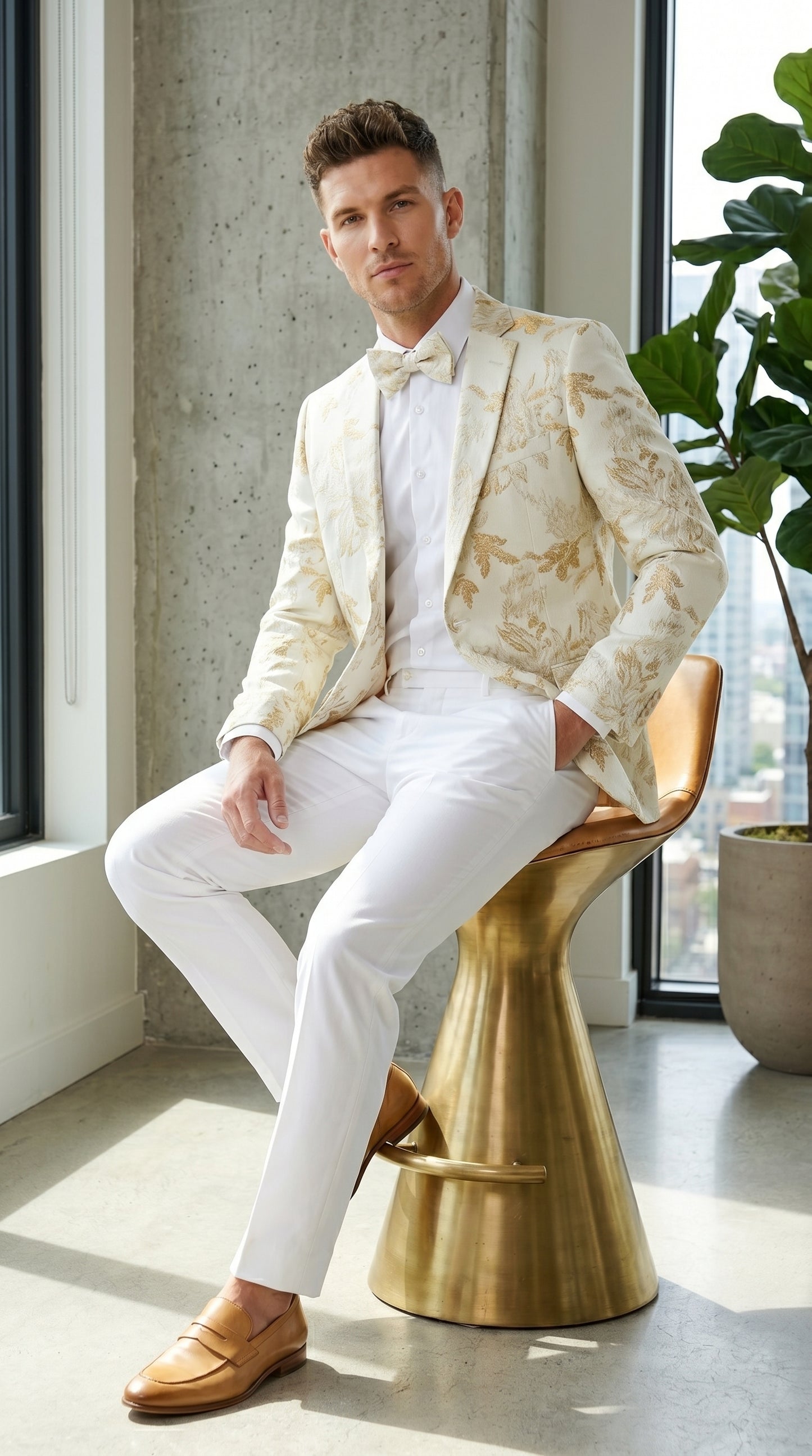 Men’s Off White and Gold Floral Paisley Tuxedo Blazer, Big and Tall Sparkling Formal Sport Coat
