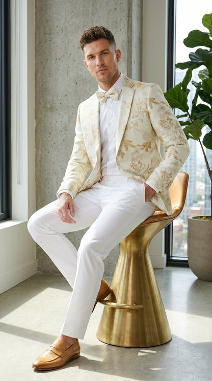 Men’s Off White and Gold Floral Paisley Tuxedo Blazer, Big and Tall Sparkling Formal Sport Coat