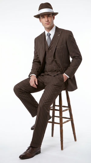 Men’s Brown Pinstripe Zoot Suit with 3 Button Jacket, Vest and Wide Leg Pants, 1920s Gangster Suit