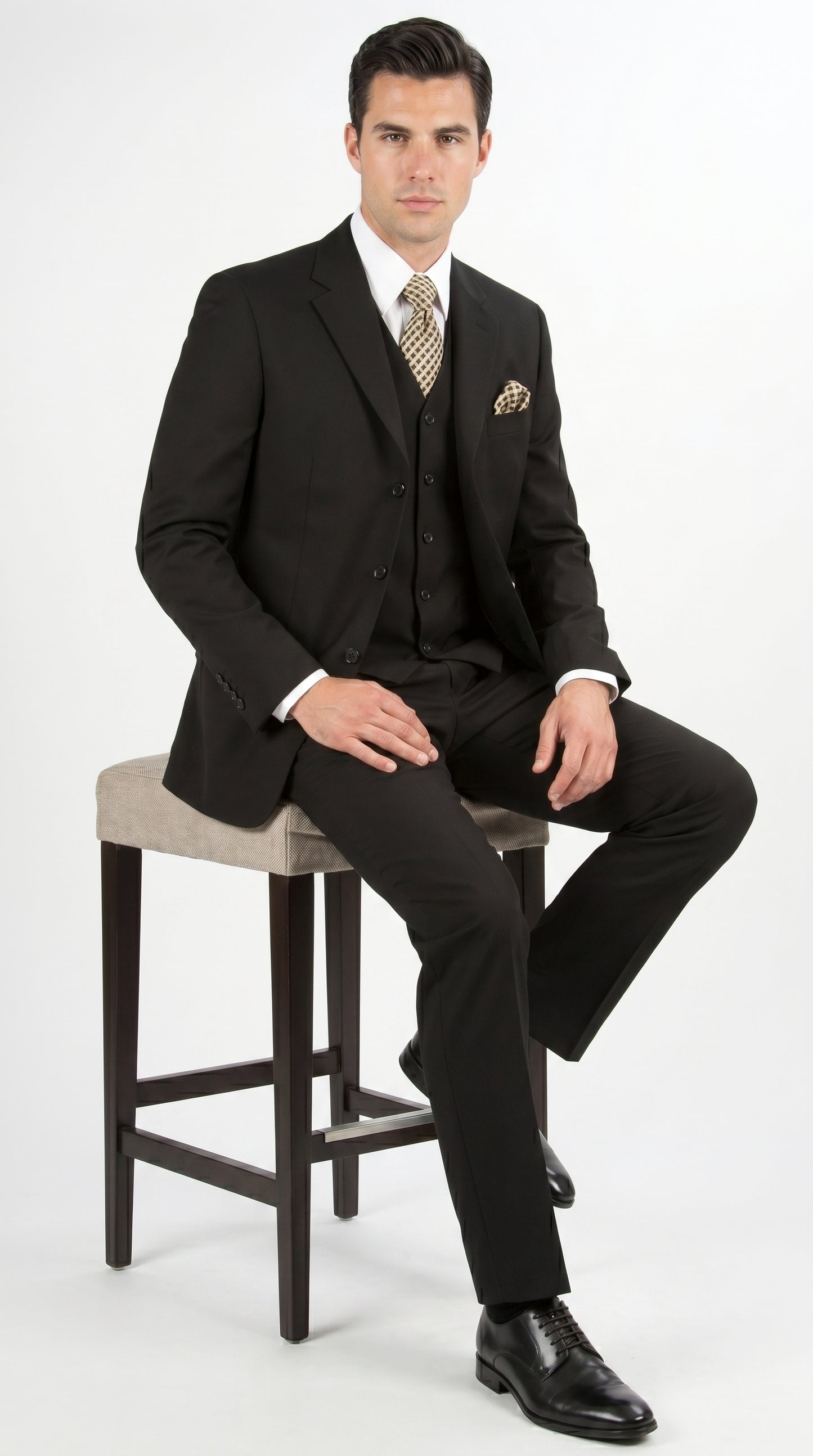 Men’s Black Three Button Poplin Suit with Classic Jacket and Pleated Pants, Formal Dress Suit