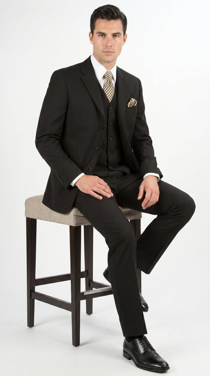 Men’s Black Three Button Poplin Suit with Classic Jacket and Pleated Pants, Formal Dress Suit