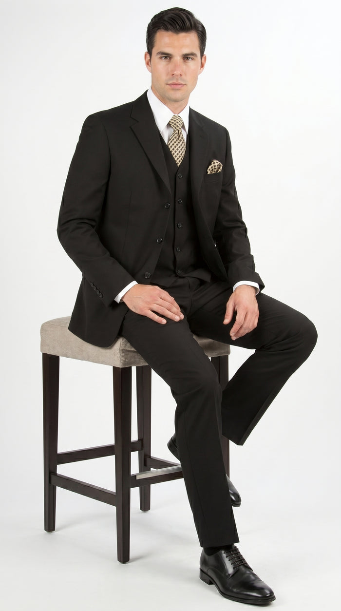 Men’s Black Three Button Poplin Suit with Classic Jacket and Pleated Pants, Formal Dress Suit
