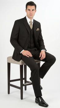 Men’s Black Three Button Poplin Suit with Classic Jacket and Pleated Pants, Formal Dress Suit