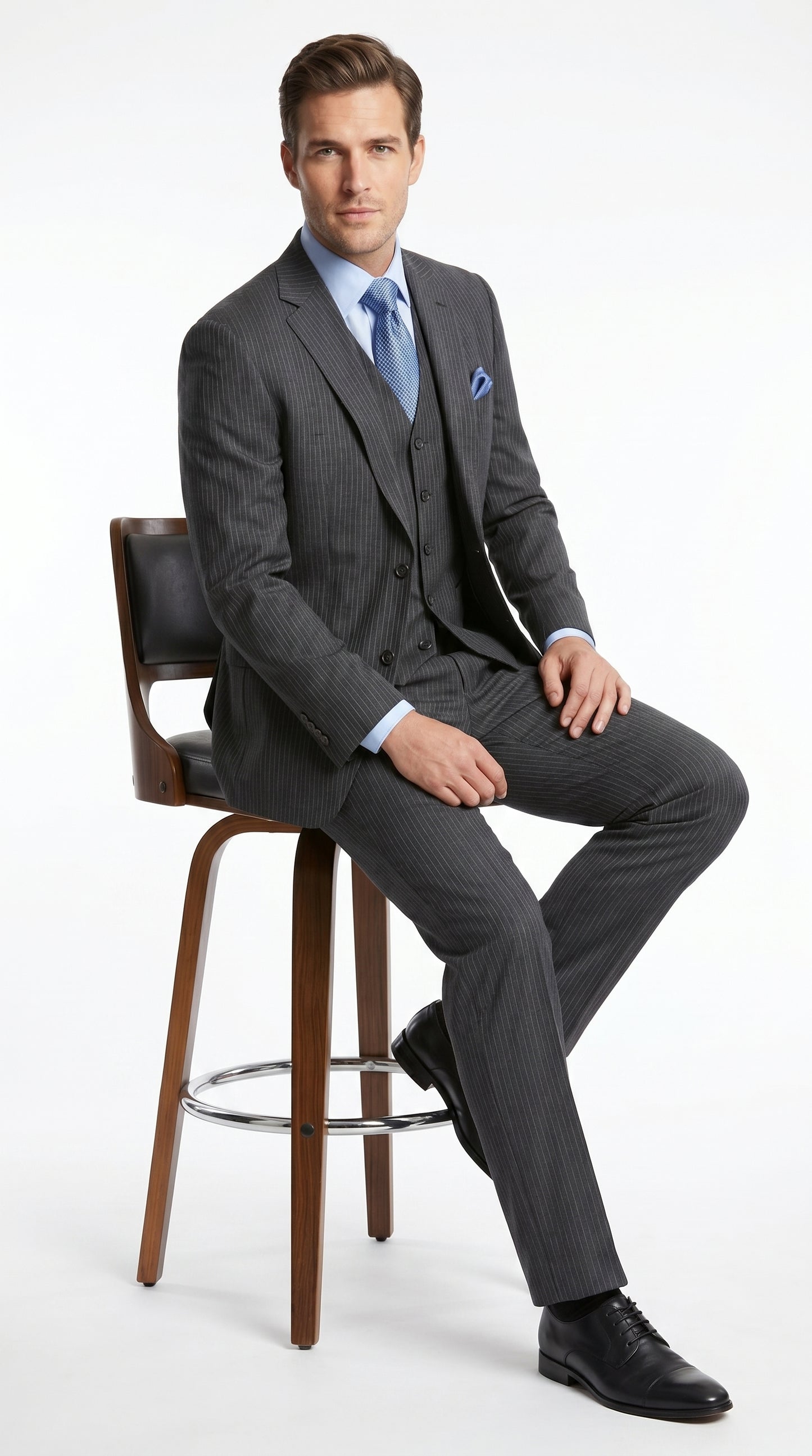 Men’s Charcoal Gray Pinstripe 3 Piece Vested Suit with 2 or 3 Button Jacket, Formal Dress Suit
