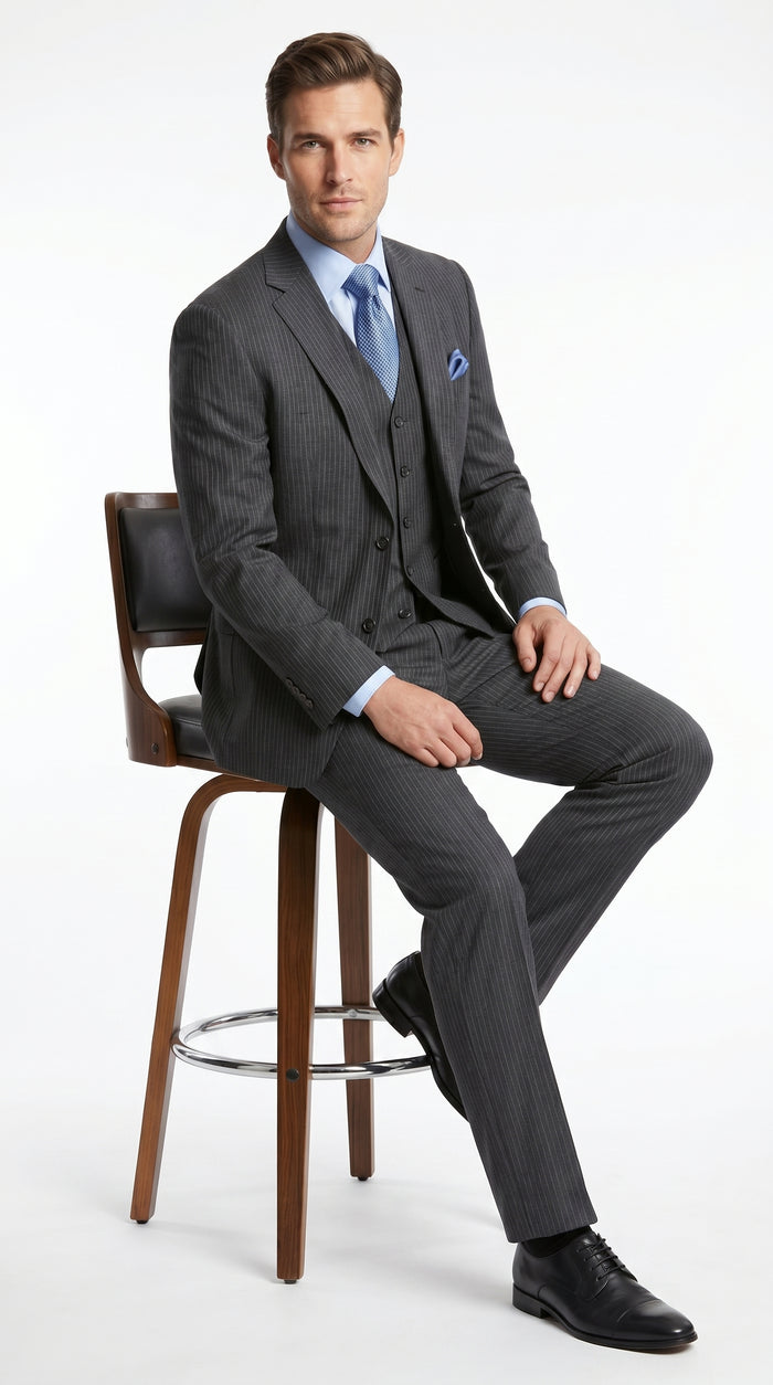 Men’s Charcoal Gray Pinstripe 3 Piece Vested Suit with 2 or 3 Button Jacket, Formal Dress Suit