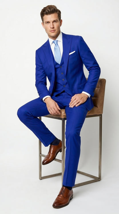 Men’s Electric Royal Blue Suit with Two Flap Front Pockets, Formal Wedding Prom Dress Suit
