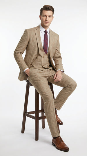 Men’s Camel Plaid Windowpane Vested Suit with 2 Button Jacket, Peak Lapel and Matching Pants