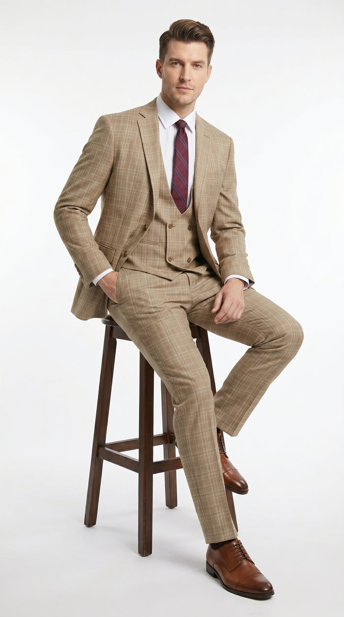 Men’s Camel Plaid Windowpane Vested Suit with 2 Button Jacket, Peak Lapel and Matching Pants