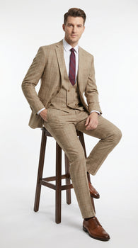 Men’s Camel Plaid Windowpane Vested Suit with 2 Button Jacket, Peak Lapel and Matching Pants