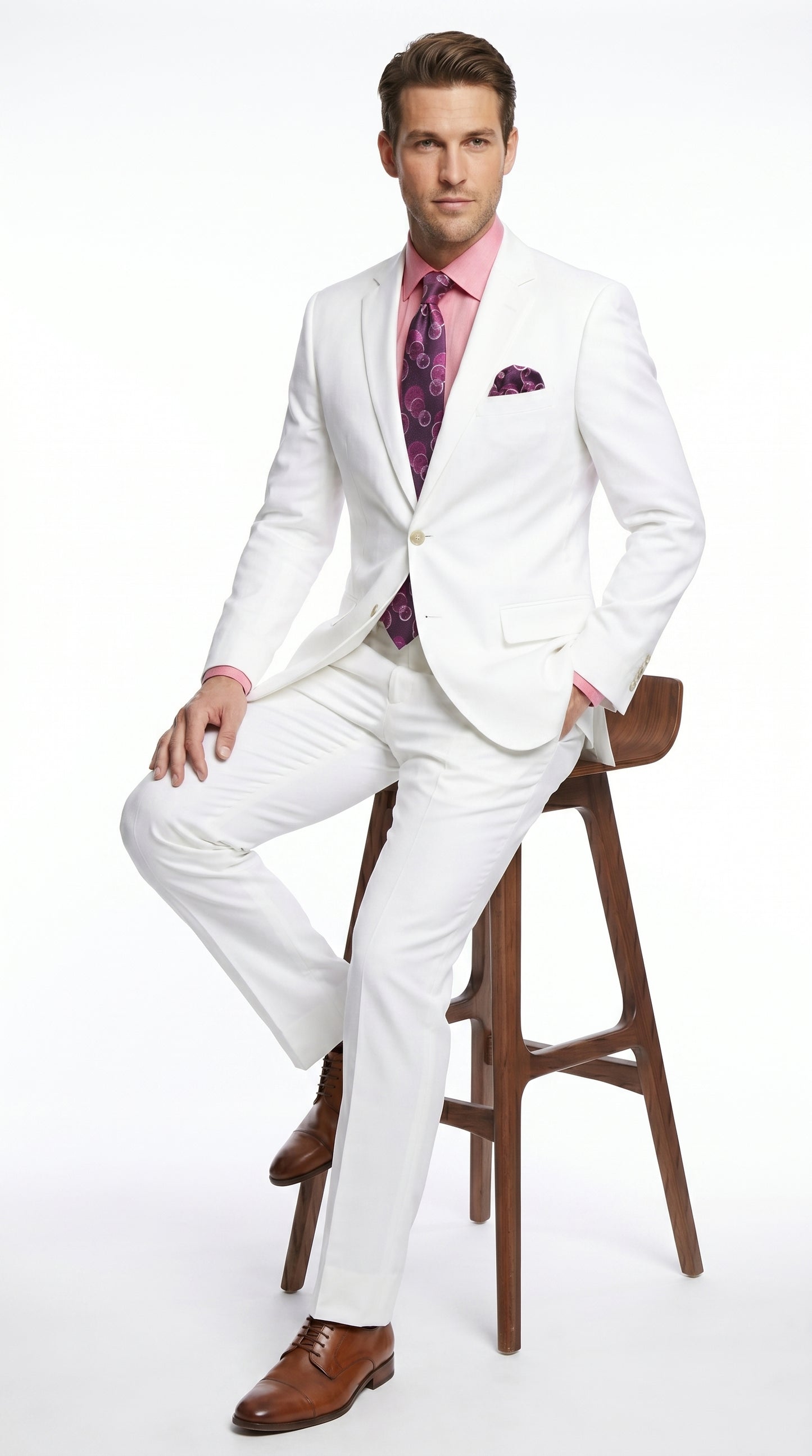 Men’s White Linen 2 Piece Suit with Two Button Jacket, Side Vents and Matching Pants
