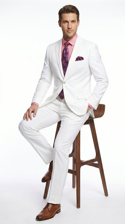 Men’s White Linen 2 Piece Suit with Two Button Jacket, Side Vents and Matching Pants