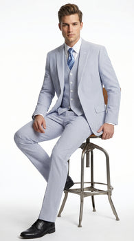 Men’s Light Blue Seersucker Suit with Jacket, Vest and Pants, High Quality Summer Dress Suit