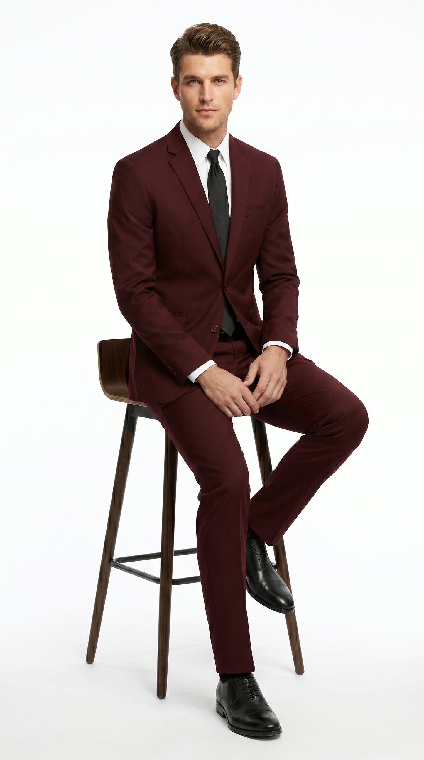 Men’s Burgundy Maroon Wine Suit with 2 Button Jacket and Matching Pants, Formal Wedding Dress Suit