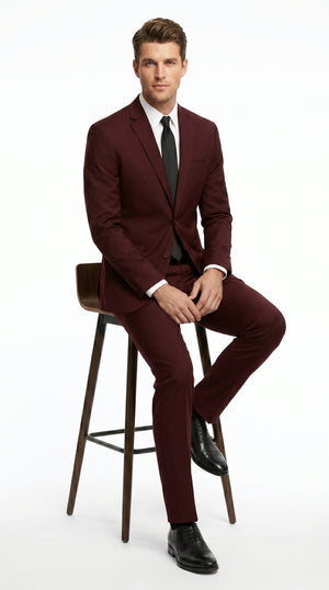 Men’s Burgundy Maroon Wine Suit with 2 Button Jacket and Matching Pants, Formal Wedding Dress Suit