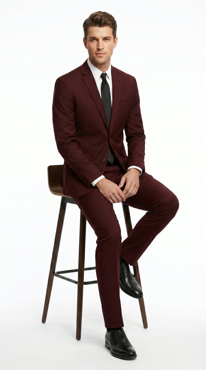 Men’s Burgundy Maroon Wine Suit with 2 Button Jacket and Matching Pants, Formal Wedding Dress Suit