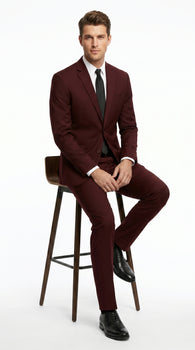 Men’s Burgundy Maroon Wine Suit with 2 Button Jacket and Matching Pants, Formal Wedding Dress Suit