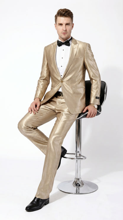 Men’s Champagne Tan Shiny Sharkskin 2 Button Suit, Formal Wedding Prom Dress Suit