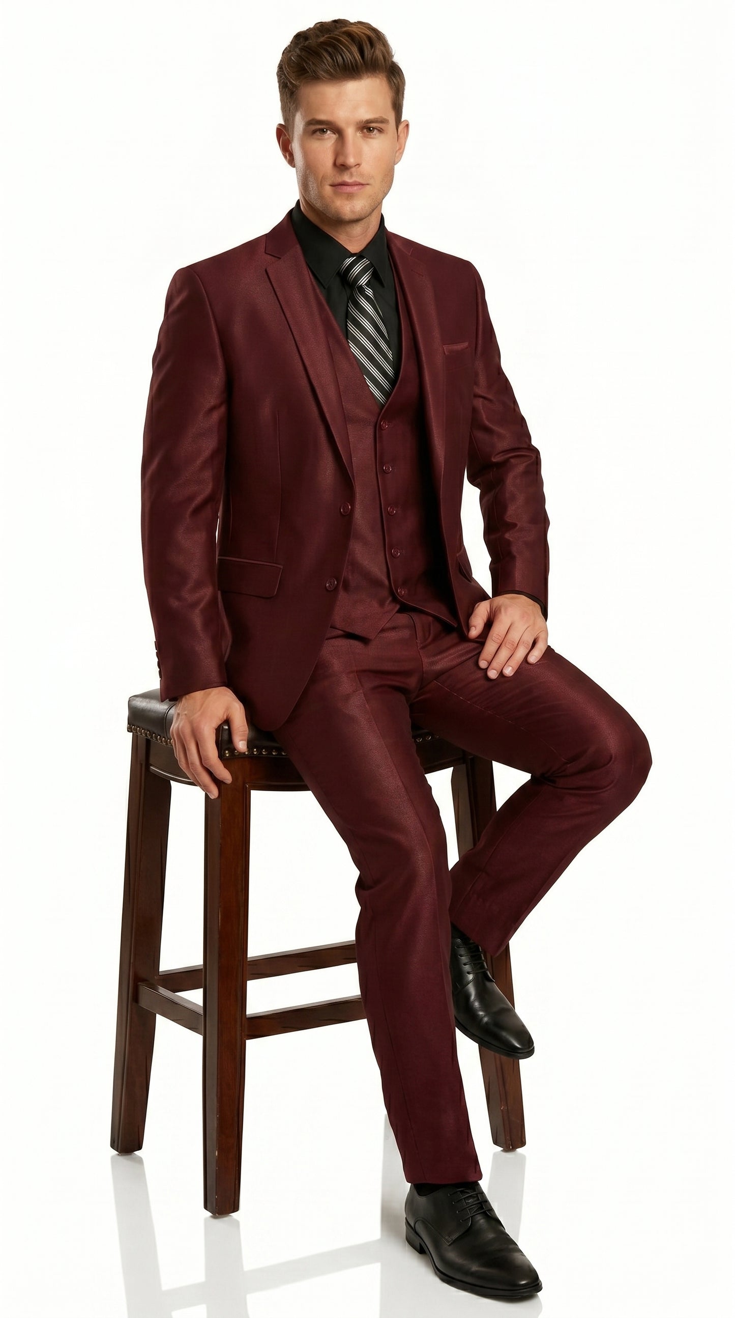 Men’s Burgundy Wine Maroon Sharkskin Vested Suit with Jacket, Vest and Pants
