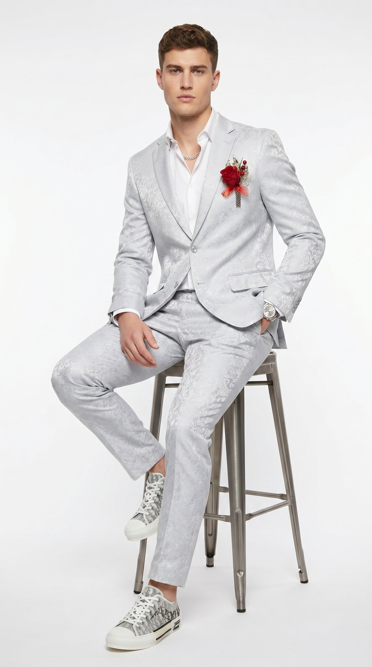Men’s Silver Grey Shiny Paisley Graduation Suit, Formal Prom Wedding Dress Suit Modern Fit