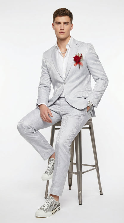 Men’s Silver Grey Shiny Paisley Graduation Suit, Formal Prom Wedding Dress Suit Modern Fit