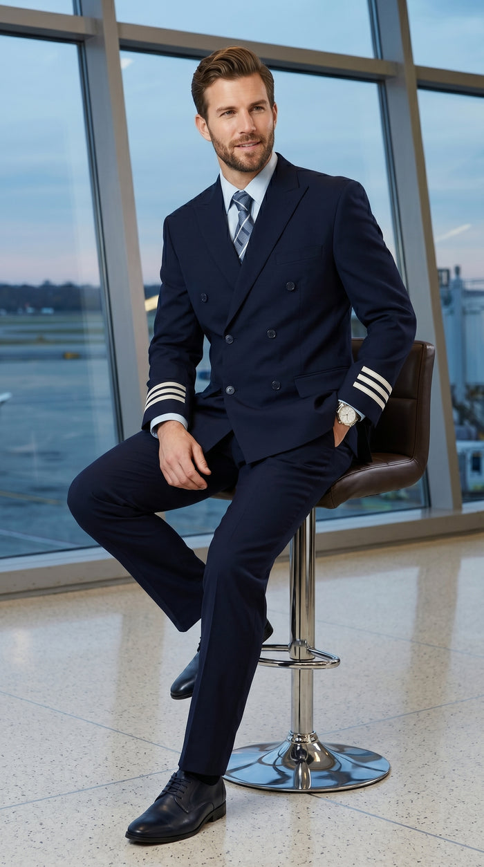 Men’s Dark Navy Blue Double Breasted 6 Button Suit, Classic Formal Wedding Business Suit