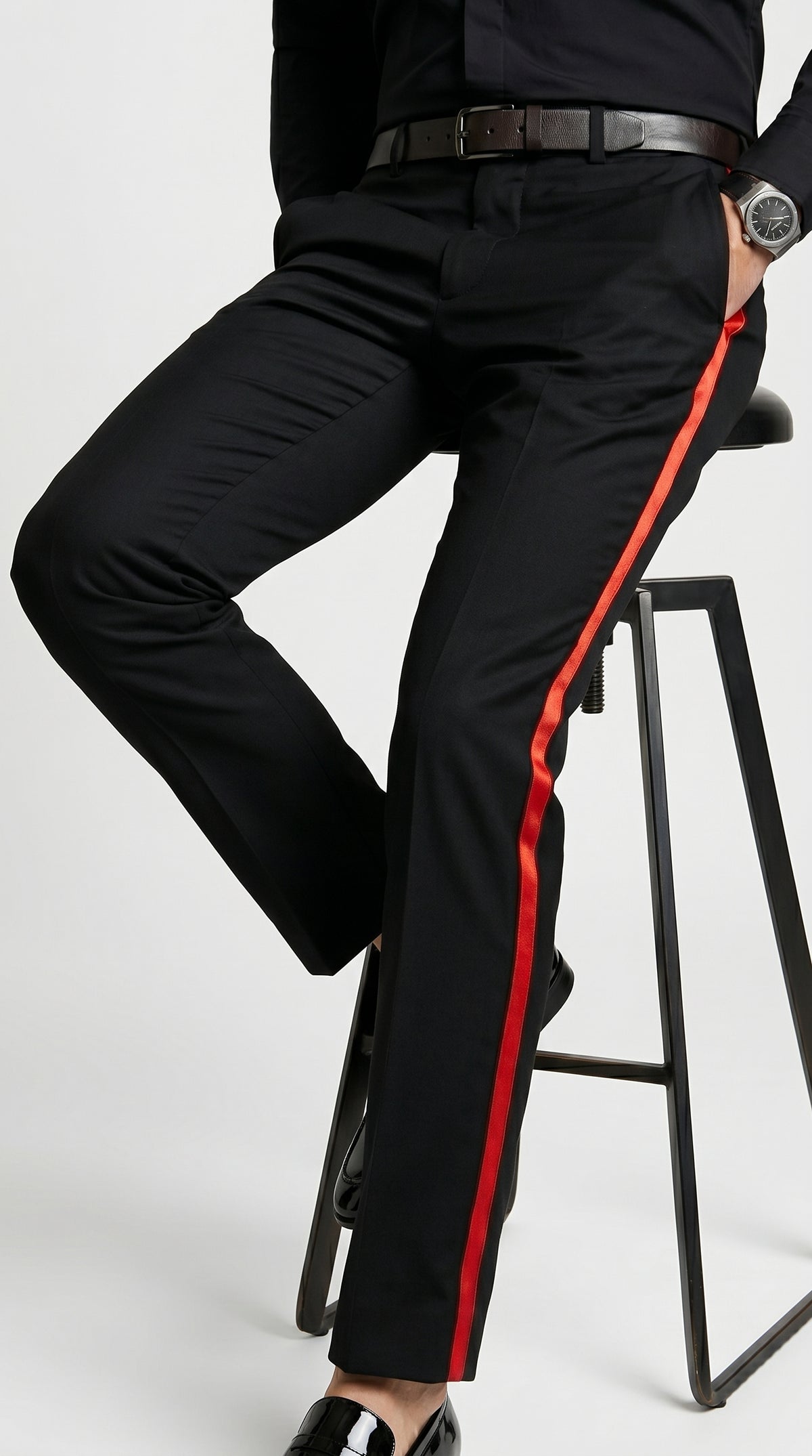 Men’s Black Tuxedo Pants with Red Satin Side Stripe, Classic Formal Slacks Unhemmed Bottom