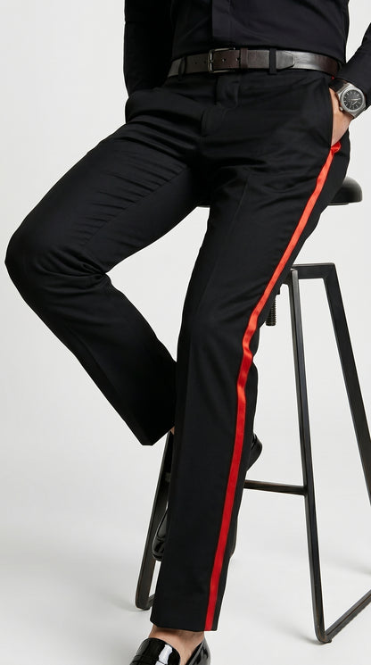 Men’s Black Tuxedo Pants with Red Satin Side Stripe, Classic Formal Slacks Unhemmed Bottom