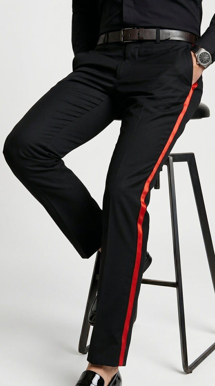Men’s Black Tuxedo Pants with Red Satin Side Stripe, Classic Formal Slacks Unhemmed Bottom