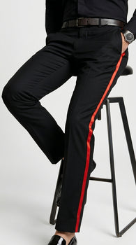Men’s Black Tuxedo Pants with Red Satin Side Stripe, Classic Formal Slacks Unhemmed Bottom