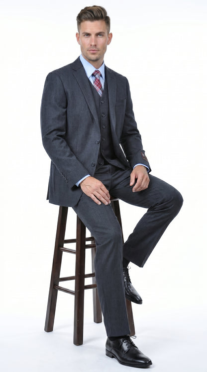 Men’s Charcoal Grey 2 Button Vested Business Suit, Formal Wedding Dress Suit