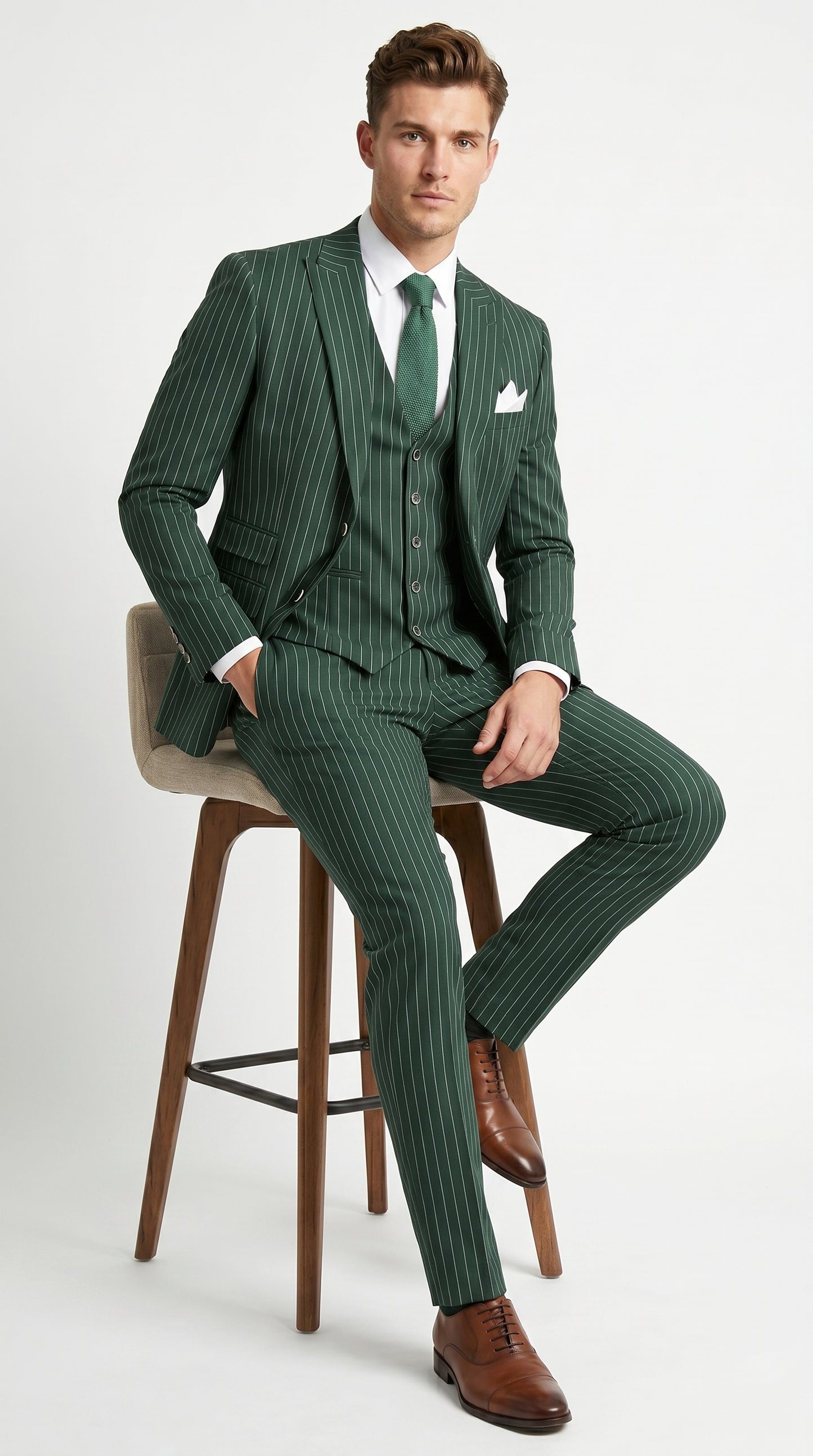Men’s Hunter Green Great Gatsby Pinstripe 3 Piece Suit, 1920s Gangster Outfit