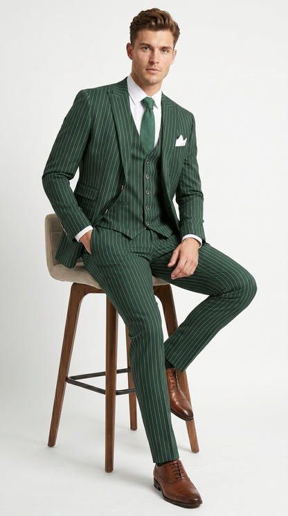 Men’s Hunter Green Great Gatsby Pinstripe 3 Piece Suit, 1920s Gangster Outfit