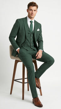 Men’s Hunter Green Great Gatsby Pinstripe 3 Piece Suit, 1920s Gangster Outfit