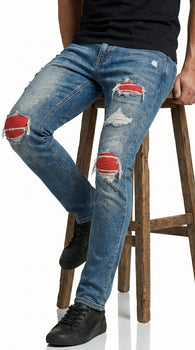 Men’s PX Indigo Denim Jeans with Quilted Red Patches, Distressed Slim Fit Fashion Jeans