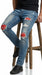 Men’s PX Indigo Denim Jeans with Quilted Red Patches, Distressed Slim Fit Fashion Jeans