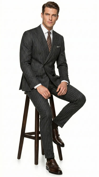 Men’s Grey Pinstripe Slim Fit Wool Suit with 2 Button Jacket and Peak Lapel