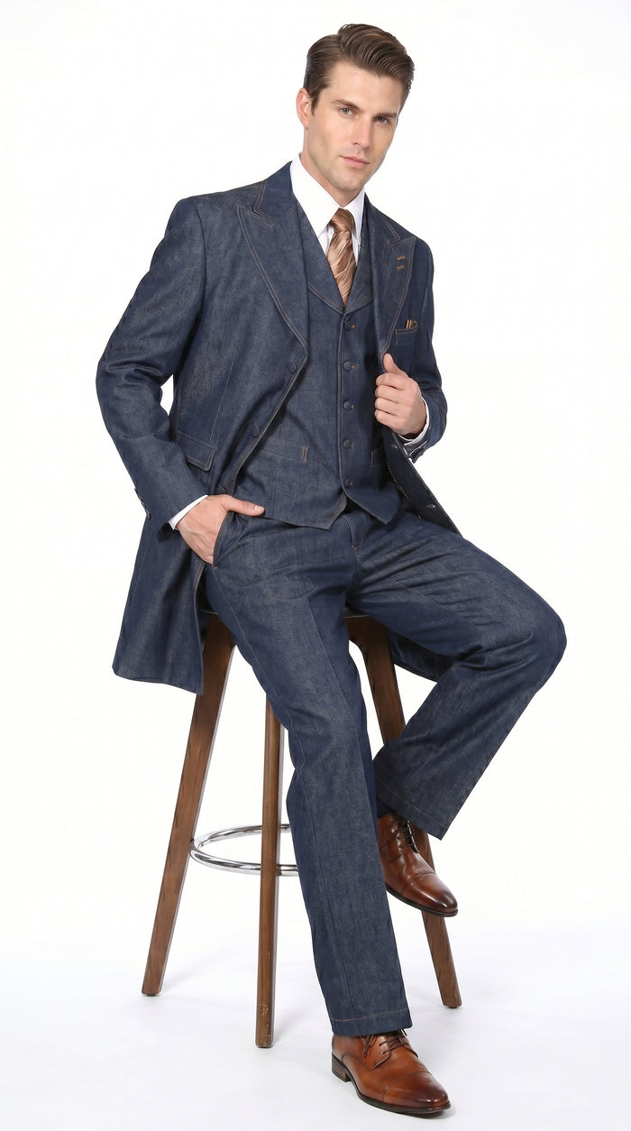 Men’s Blue Denim Zoot Suit with Long Jacket and Vest, Vintage Jeans Style Formal Outfit