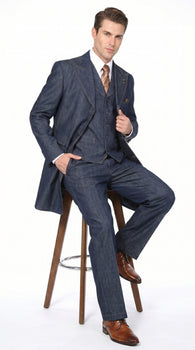 Men’s Blue Denim Zoot Suit with Long Jacket and Vest, Vintage Jeans Style Formal Outfit