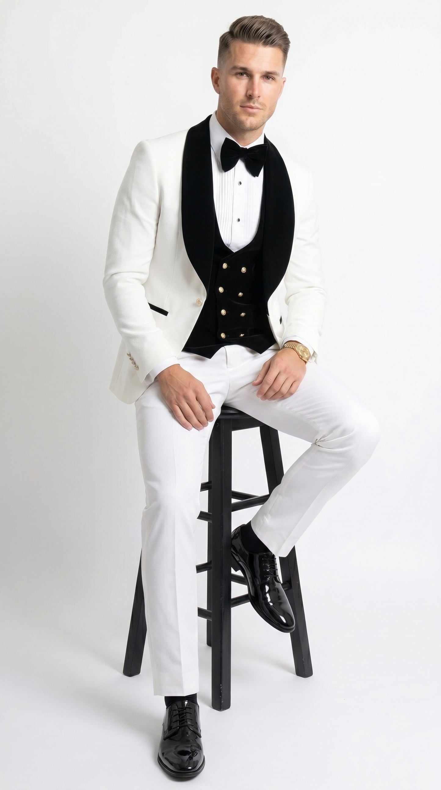 Men’s White and Black Wedding Tuxedo with Black Double Breasted Vest, Groom Prom Suit