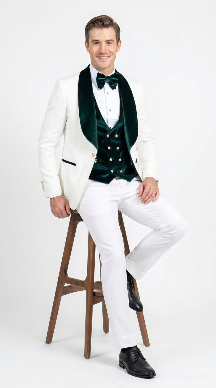 Men’s White and Dark Green Wedding Tuxedo with Double Breasted Vest, Wool Groom Prom Suit