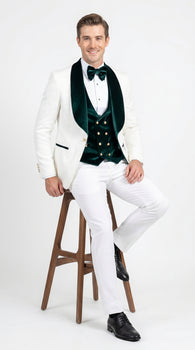 Men’s White and Dark Green Wedding Tuxedo with Double Breasted Vest, Wool Groom Prom Suit