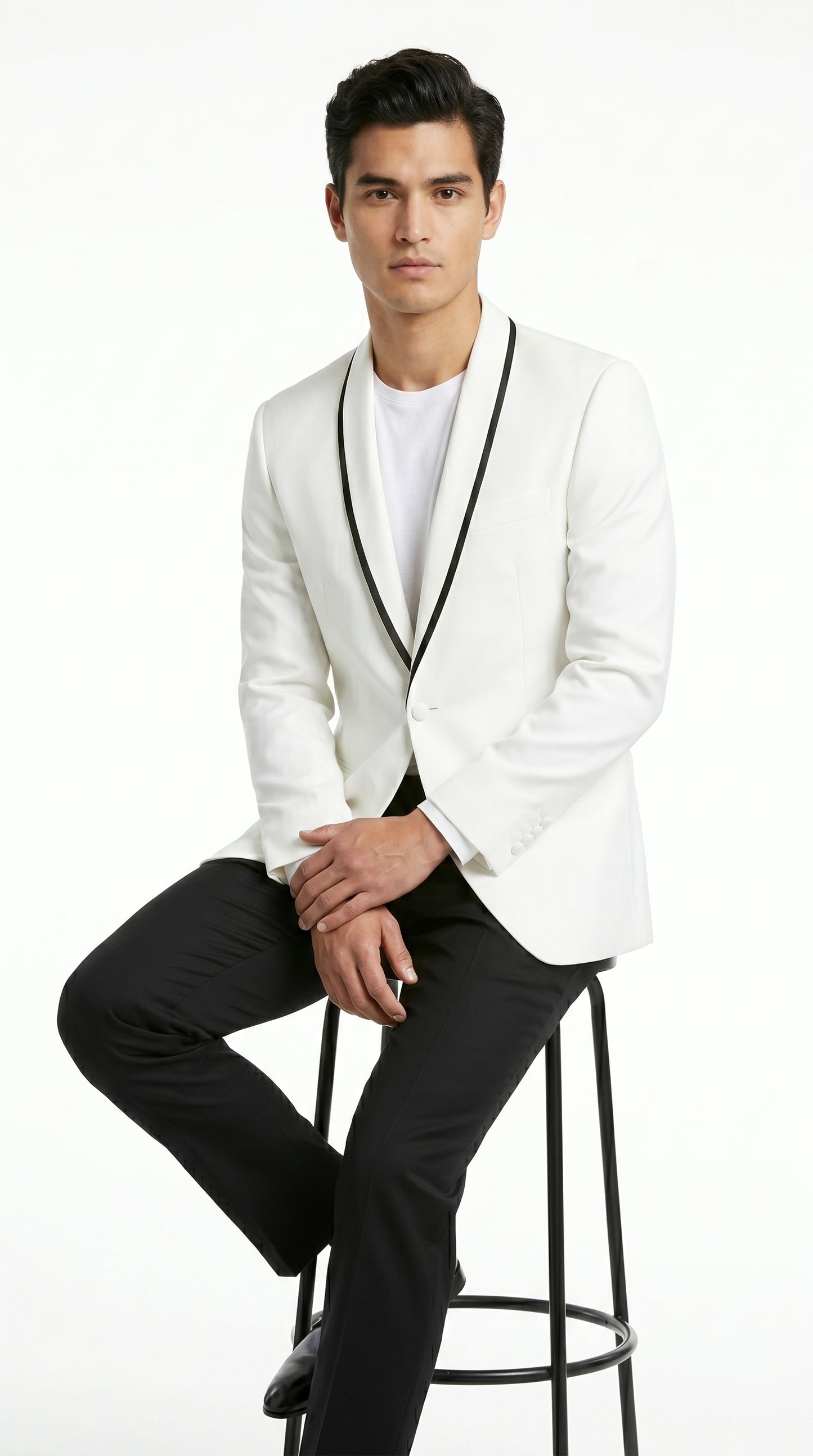 Men’s Waverly White Tuxedo Jacket by Ike Evening, Formal Dinner Jacket with Black Trim