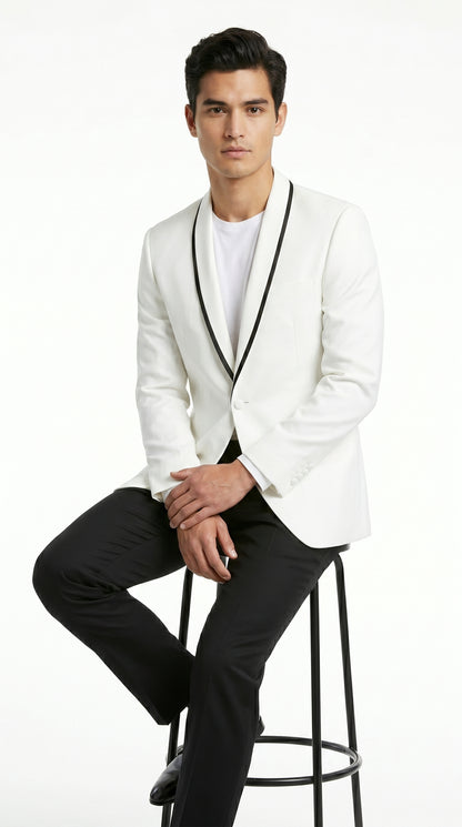 Men’s Waverly White Tuxedo Jacket by Ike Evening, Formal Dinner Jacket with Black Trim