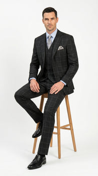 Men’s Black Windowpane Plaid 3 Piece Suit, 1920s Inspired Formal Dress Suit