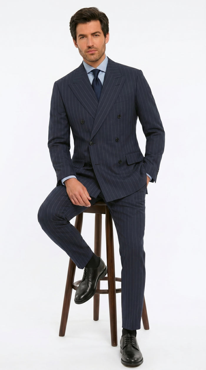 Men’s Kingsman Harrys Blue Pinstripe Double Breasted Suit, Formal Business Dress Suit
