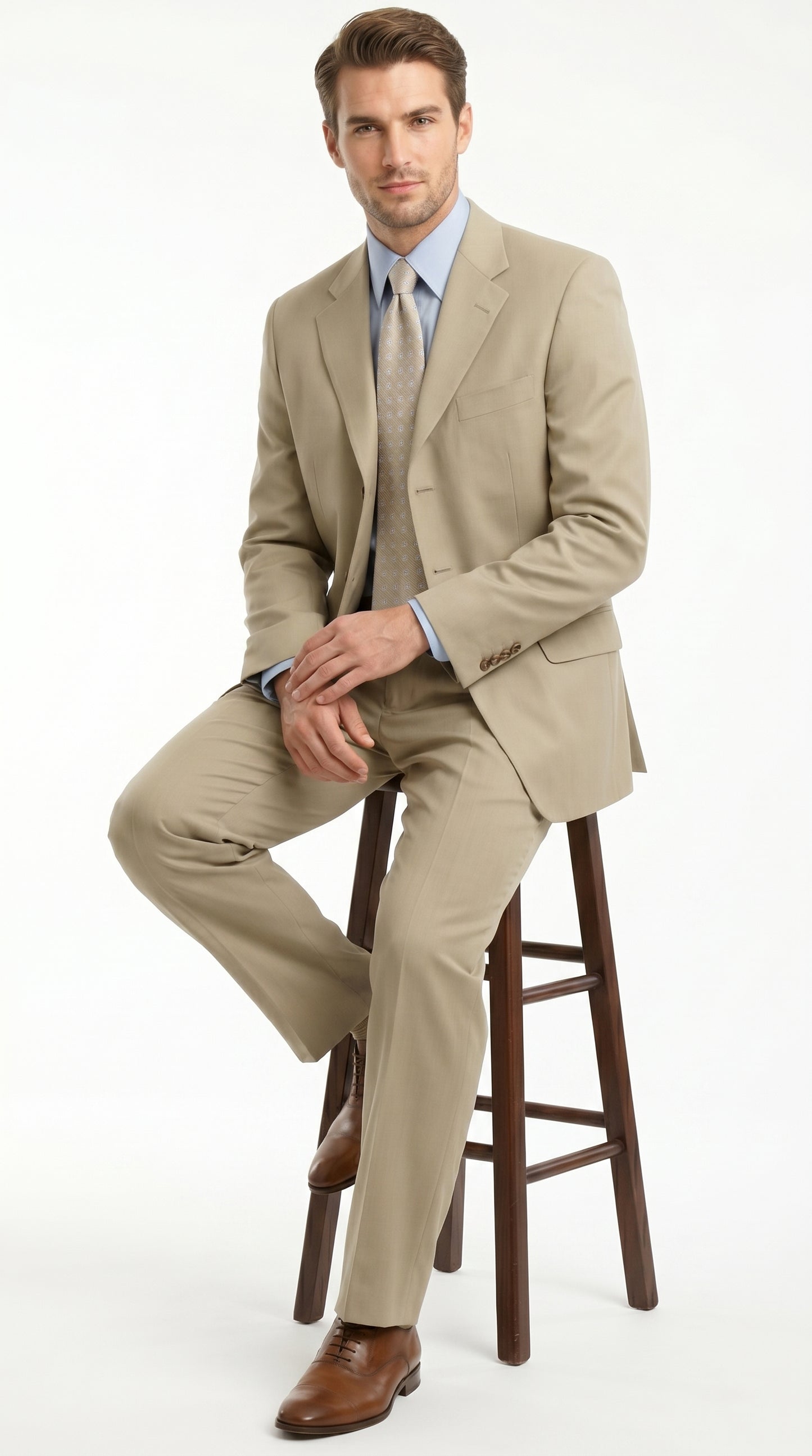 Men’s Khaki Light Tan Dress Suit with Jacket and Pants, Classic Fit Groomsmen Wedding Suit